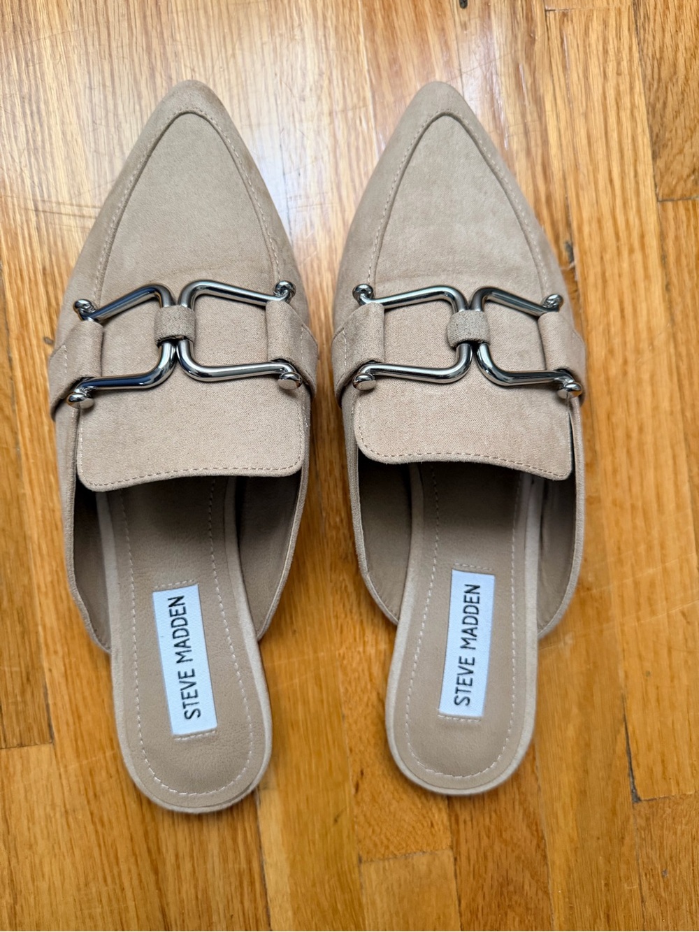 Steve Madden Taupe Suede Pointed-Toe Slide Mules with Metal Bit